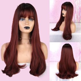 High Temperature Silk Rose Net Mechanism Head Cover Wig Straight Hair (Color: Wine Red)