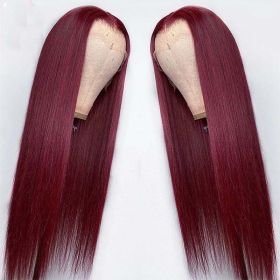 Full Headgear Long Straight Front Lace Wig Smooth Hair (Option: Wine Red-14inch)