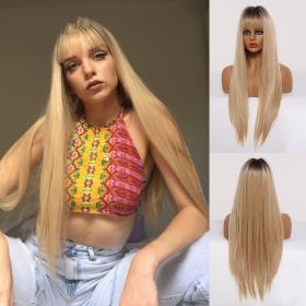 High Temperature Silk Rose Net Mechanism Head Cover Wig Straight Hair (Color: Gold)