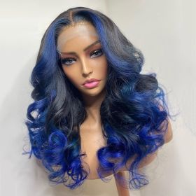 Gradient Orange Yellow Blue And Green Real Hair Headgear (Option: Blue-26inch)